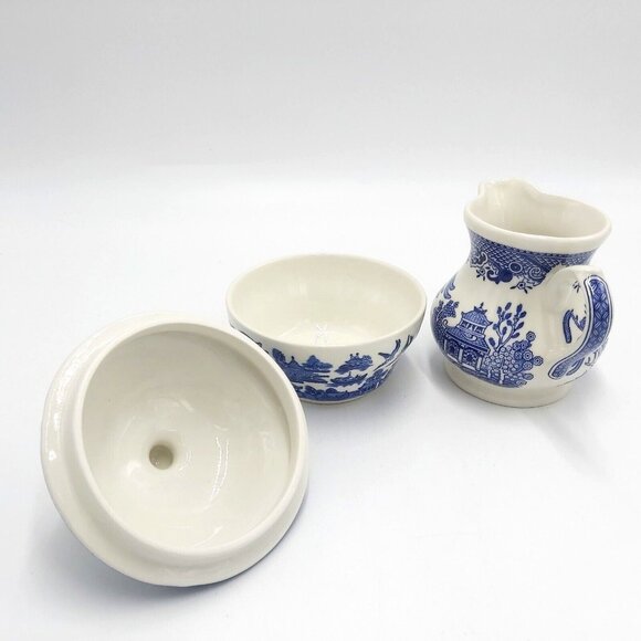 Churchill Blue Willow Creamer and Sugar Bowl with Lid-England-Vintage - Picture 9 of 10